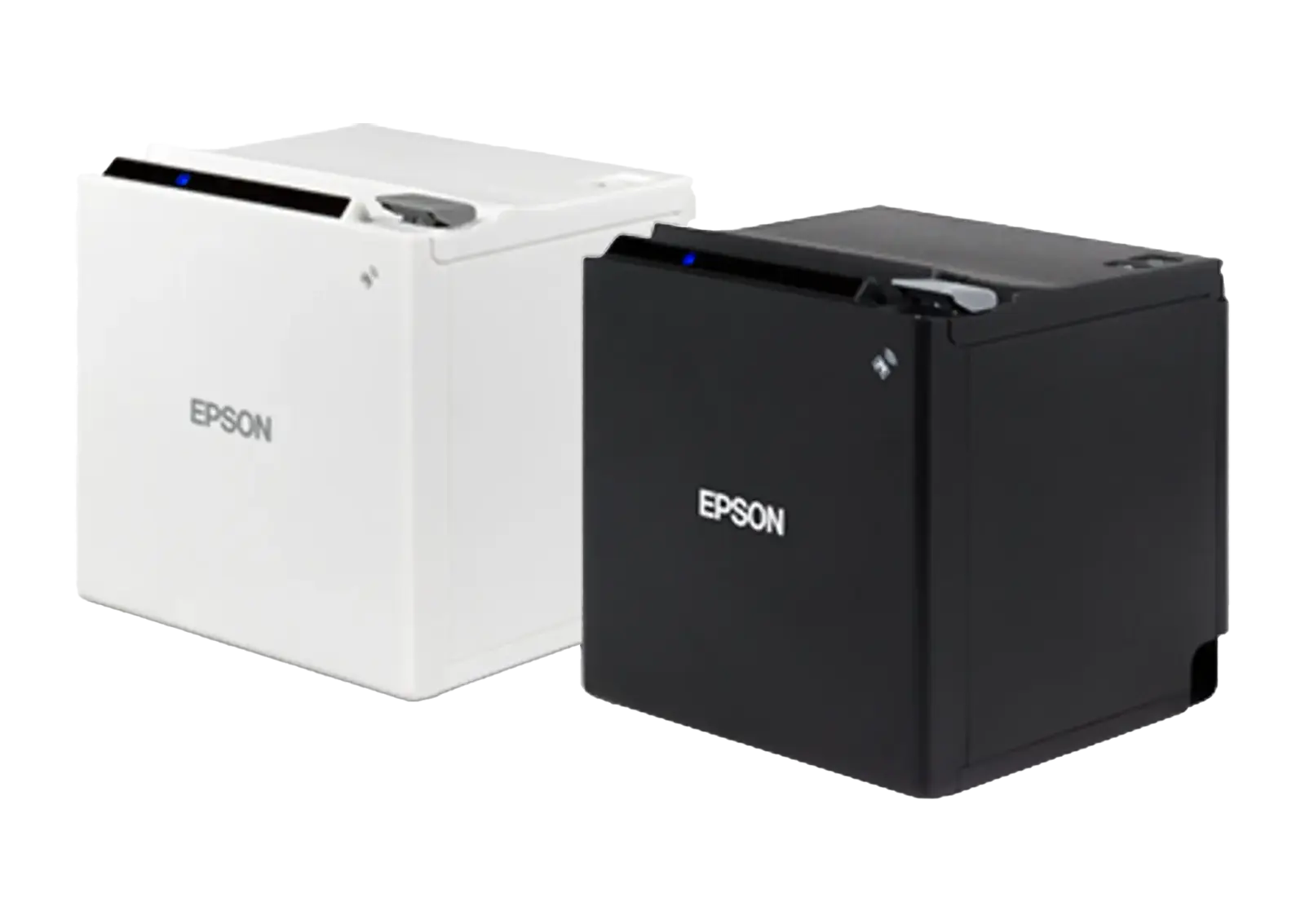 Epson TM-m30 receipt printers in white and black.